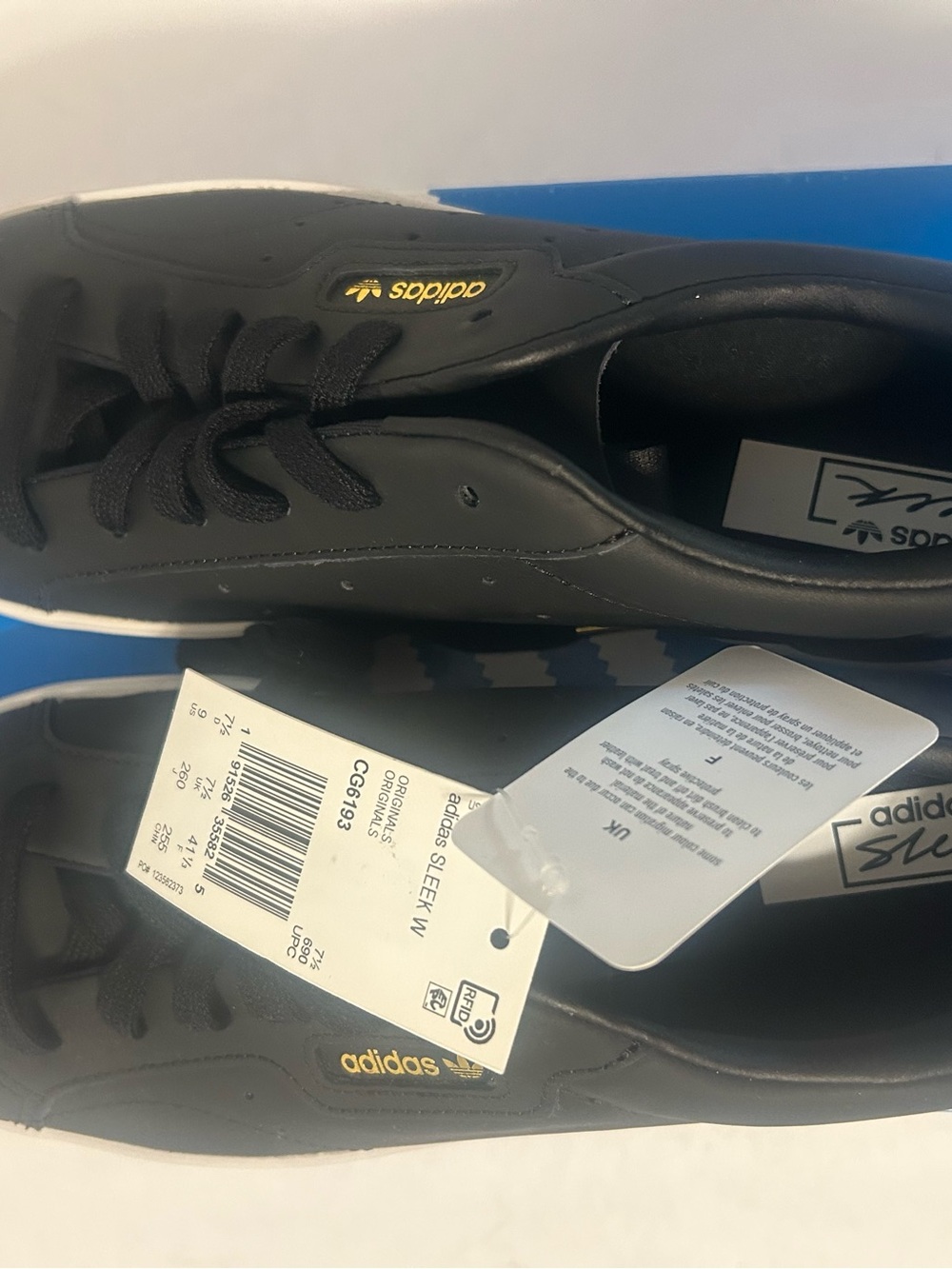 NWT Adidas Black Low-Top Sneakers with White Sole and Gold Logo - Size 9 - Picture 3 of 5